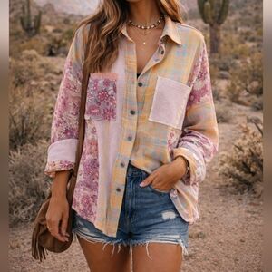 POL Multicolor Patchwork Plaid Shirt Size M